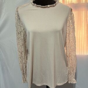 Adrianna Papell Ruffle Neck Lace Long Sleeve Top Size L